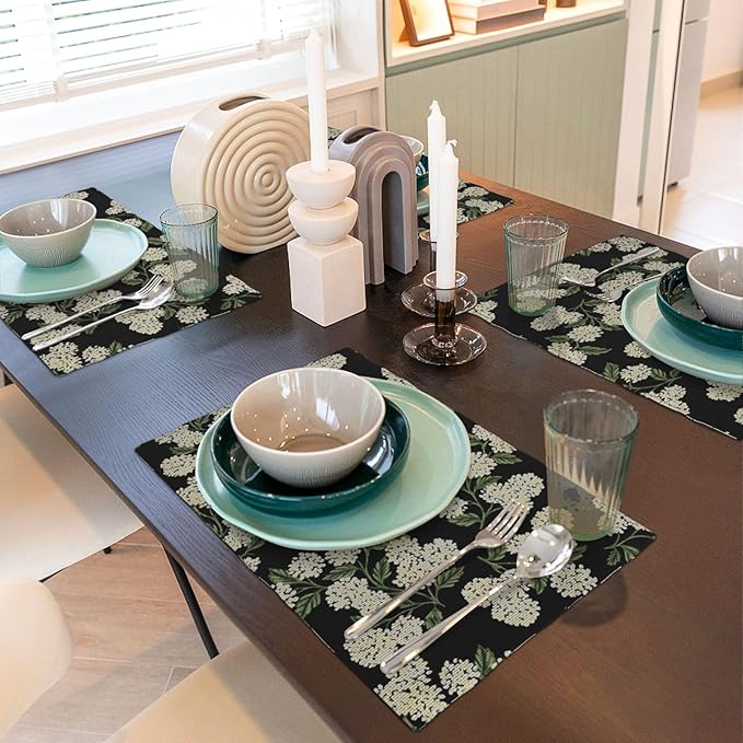 Black Placemats Set of 4 Green Hydrangea Flower Decor Place Mats 12x18 Inch Vintage Floral Spring Summer Seasonal Decorative Linen Table Mats for Kitchen Dining Party Table Decoration