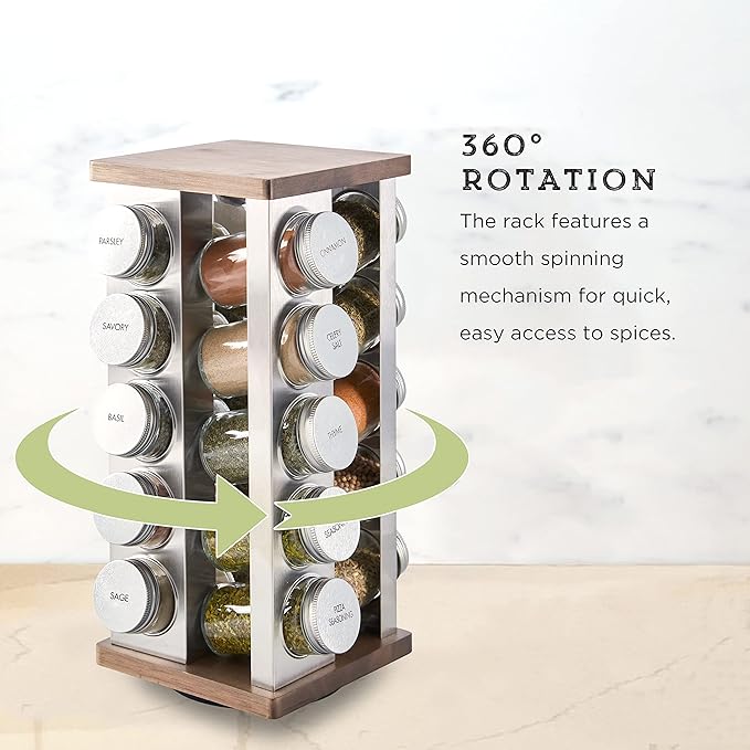 Kamenstein 20 Jar Vintage Spice Rack with Spices Included, Revolving Countertop Spice Organizer with Glass Jars, Labeled Caps, Removable Sifter Discs, and Free Refills for 5 Years