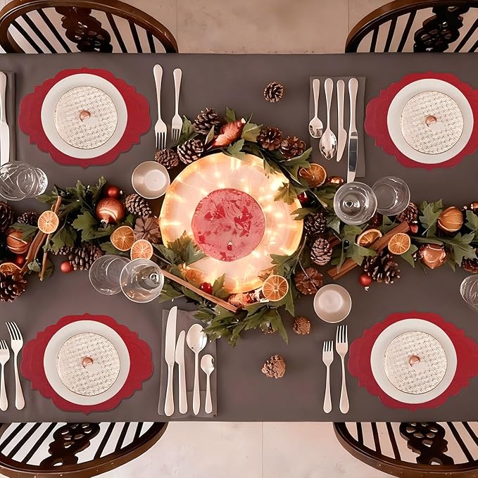Cotton Linen Oval Placemats Set of 4, HADEEONG Table Mats Cloth Placemats, Washable Wrinkle Resistance, Scalloped & Embroidered Fabric Placemats, 17.71 x 13.77inch (Wine Red, 4)