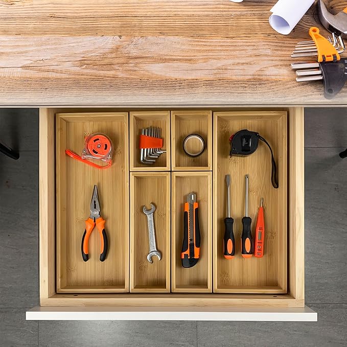 bamboo drawer organizer Set，expandable drawer dividers,wooden storage organizers,large trays for kitchen, bathroom,flatware,Tea Bag Organizer and office desk drawer (1)