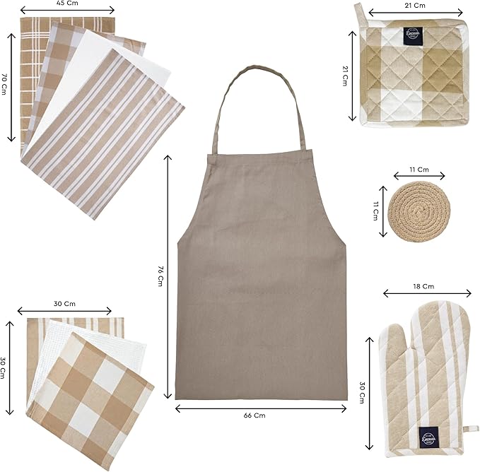Encasa XO Kitchen Towels and Dishcloths Sets | 21 Pc Apartment Essentials Set | Oven Mitts and Pot Holders with Hanging Loop | Cooking Apron, Dish Cloth, Flour Sack and Coasters Beige Combo