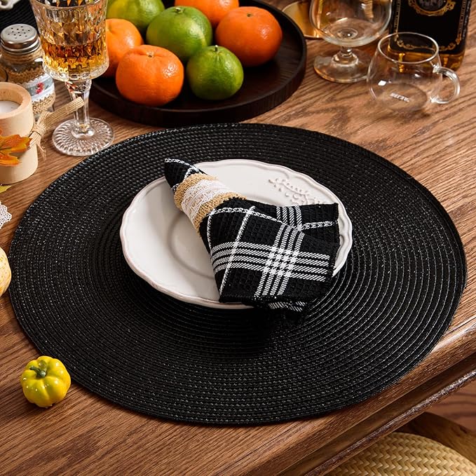 AHHFSMEI Round Placemats Set of 4 Heat Resistant Washable Non-Slip Woven Braided Table Mats for Dining Table Kitchen & Home Decor (Black,4)