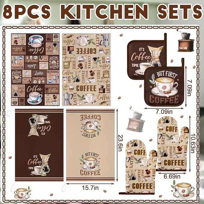 Fourluoo 8 Pcs Coffee Kitchen Towels and Dishcloths Sets Oven Mitts and Pot Holders Sets Absorbent Kitchen Gloves Potholders Heat Resistant for Chef Baking Cooking