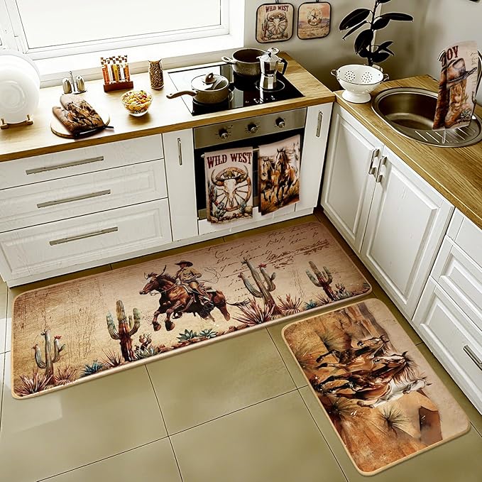 Fourluoo 10 Pcs Western Cowboy Kitchen Decor Oven Mitts and Pot Holders Set Western Cowboy Kitchen Accessories Vintage Dish Towels Farmhouse Rugs and Mats for Home Cooking Baking Housewarming Gifts
