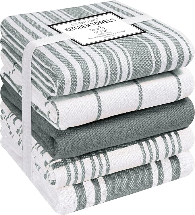 Cotton Clinic Assorted Kitchen Towels 5 Pack – Soft Absorbent Quick Drying Table & Kitchen Linen - Dish Towels, Dish Cloths, Tea Towels and Cleaning Towels with Hanging Loop – 16x28 / Grey White