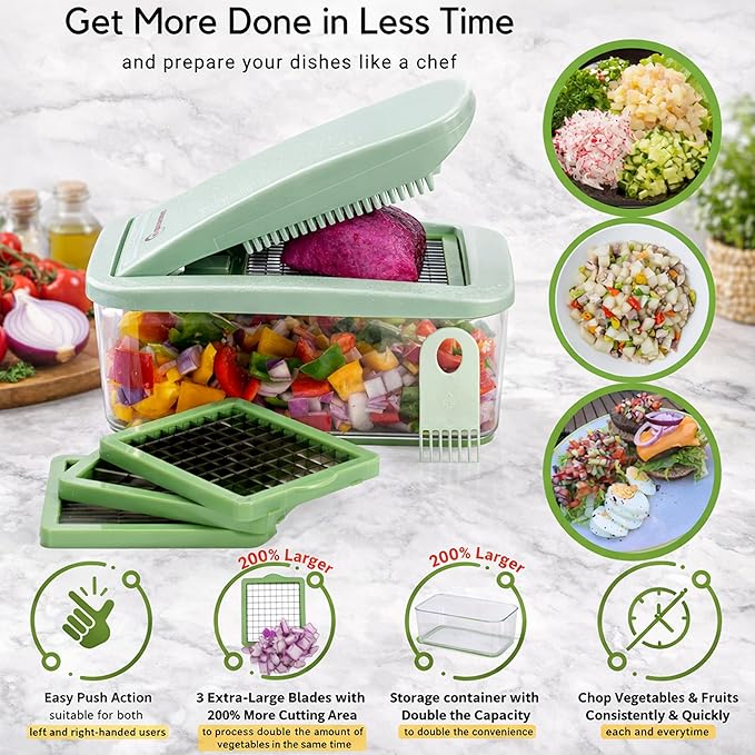 Brieftons QuickPush Food Chopper: Vegetable Dicer Slicer, Onion Cutter, 3 Extra-Large Blades with 200% More Cutting Area to Chop Dice Slice Vegetables, 2.6-Quart Container