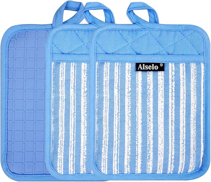 Alselo Silicone Pot Holders Set of 3 Heat Resistant & Non Slip Potholders, Professional Oven Hot Pads with Pockets Mitts for Kitchen Cooking Baking Barbecue (3, Blue)