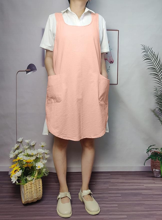 Cotton Cross Back Aprons Solid Color Cooking Kitchen Garden Smock for Women Girls with Pockets
