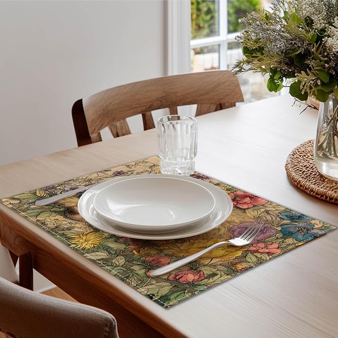 HOMETITUTE Placemats Set of 4 12x18 inch Dog Pattern Spring Table Mats for Dining Table Linen Placemats Farmhouse Decorations Kitchen Decor Desk Mat for Outdoor Home Party Kitchen Seasonal Dining