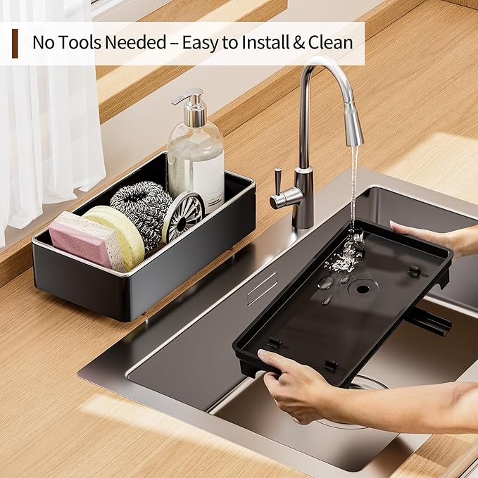 MOUKABAL Sponge Holder for Kitchen Sink – Rustproof Stainless Steel, 360° Rotating Drain Pipe, Large Counter Organizer with Drip Tray for Sponges, Brushes & Dish Cloths Black