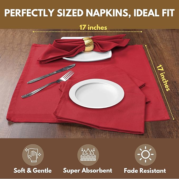 Native Fab Cloth Napkin Set of 12, 100% Cotton, Washable, Reusable Dinner Cloth Napkin 17x17 inches, Table Decor Napkins for Dinner, Events, Red