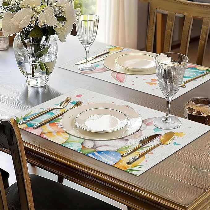 Easter Rabbit Eggs Placemats Set of 6, Washable Linen Place Mat Heat Resistant Non Slip Kitchen Dining Table Mats 12x18 Inch