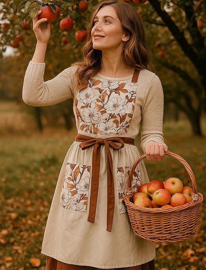 Pinknoke Vintage Pinafore Apron Dress for Women with Pockets Cute Floral Chef Aprons for Kitchen Cooking Baking Gardening