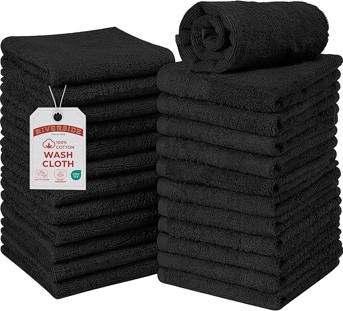 RIVERSIDE Pack of 24 Wash Cloths for Showering, 12 x 12 Inches, Super Soft & Absorbent, 100% Cotton Washcloths Premium Quality Flannel Face Cloths for Bathroom, Gym, Spa (Black, 24 Pack)