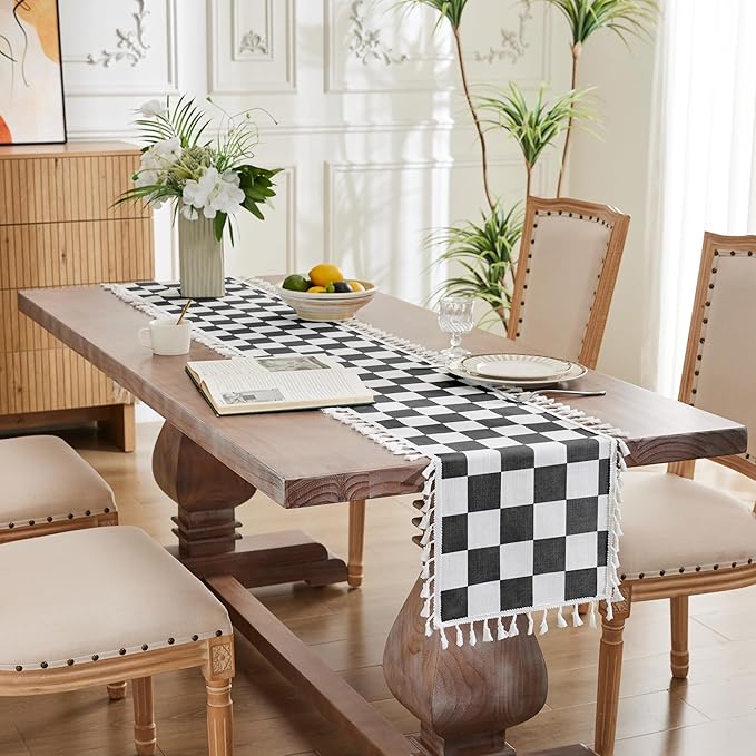 Ohocut Checkered Table Runner with Tassel Black and White Farmhouse Rustic Vintage Retro Linen Table Runner 72 Long for Dinning Race Party Decoration 13''x72''