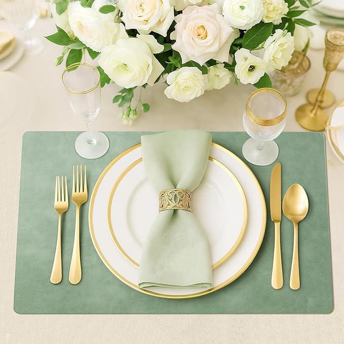 Roxifina Faux Leather Placemats Set of 8 - Vinyl Placemats Wipeable Waterproof Oil-Proof PU Place Mats Heat Resistant Reversible Table Mats for Dining, Kitchen, Outdoor, 12 x 17 Inch (Green)