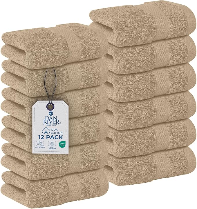 DAN RIVER 12-Pack Premium 100% Cotton Tan Face Towels for Bathroom - Reusable Face Wash Cloths for Showering 12x12 Inches - 550 GSM Super Soft & Absorbent Luxury WashCloths for Body, Spa & Gym