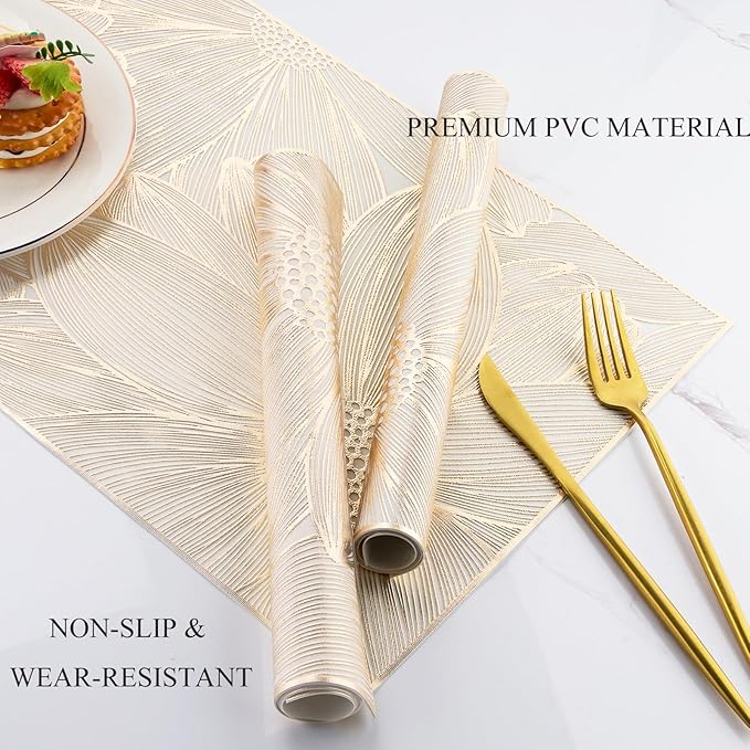 Gold Rectangle Placemats Set of 6 Vinyl Place Mats for Dining Tables Kitchen Indoor Easy to Clean Heat Resistant Wipeable Washable Modern Dining Table Mats Wedding Holiday Party Festival Decor