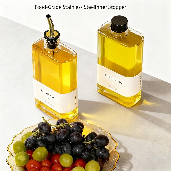 2pk gold oil dispensers: oils, soy, vinegar, syrup. Gold glass preserves, fits kitchens, countertop-ready. Stainless steel pourers: mess-free, versatile, space-saving.