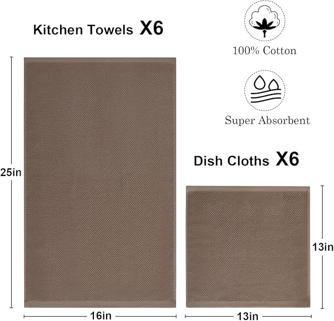 12 Pack Kitchen Towels and Dishcloths Set, 100% Cotton Soft and Absorbent Kitchen Towels 16 x 25 inche & 13 x 13inche Dishcloths