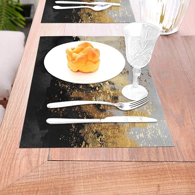 Black Gold Abstract Art Linen Placemats Set of 4, Heat Resistant Non Slip Modern Table Mats for Dining Table Kitchen Coffee Shop Wedding Party, Artistic Home Decor & Gift for Design Luxury Lovers