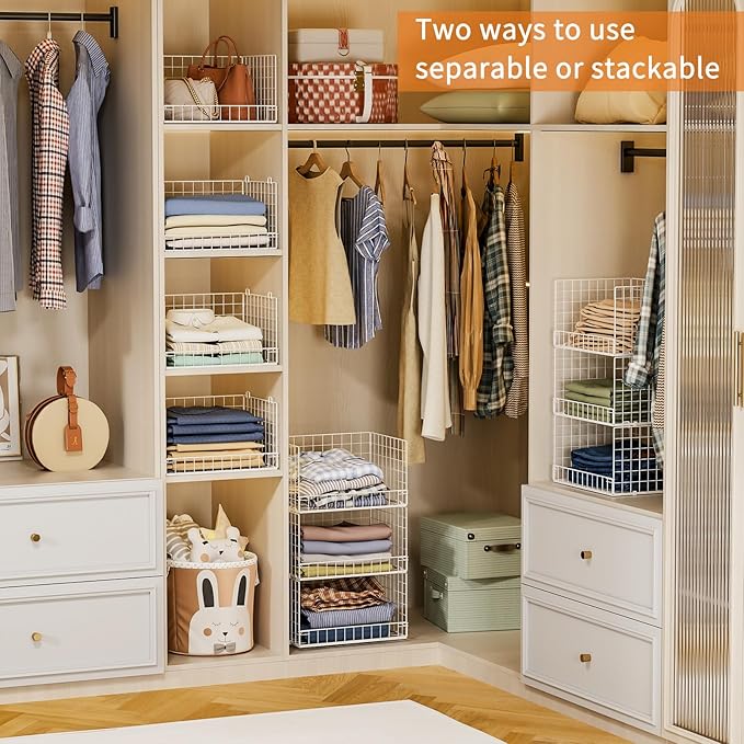 Yociyoga Closet Organizers and Storage Basket- 3-Tier Stackable Storage Bins, Foldable Closet Shelf Organizer Basket, Stackable Clothes Organizers Shelves for Home Organizer System