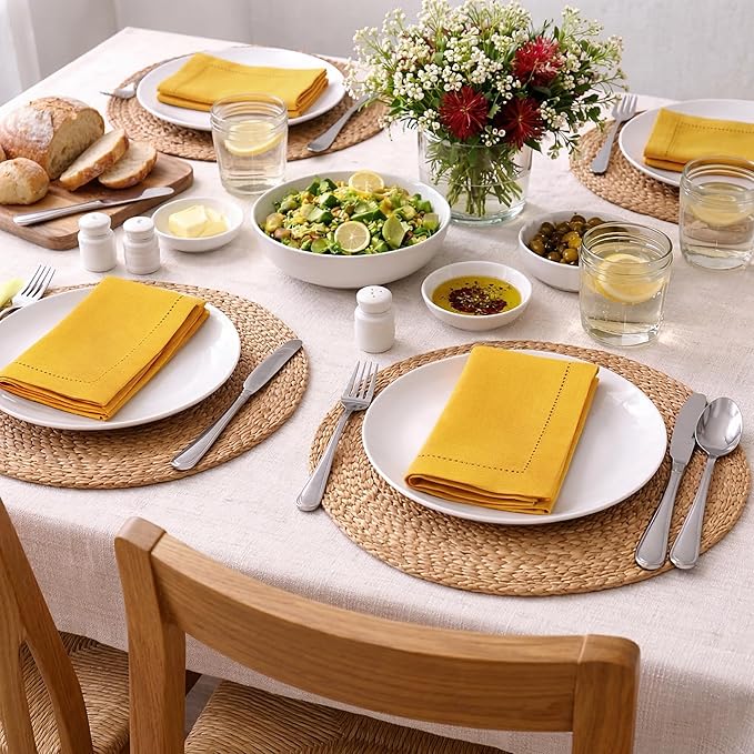Palisa Mustard Cotton Napkins Set of 12 | Premium Hemstitch Detailing Cloth Dinner Napkins 18x18 Inch | Soft Washable & Reusable Table Napkins for Everyday Use Weddings Parties Restaurants & Hotels