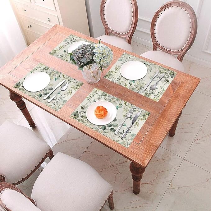 Spring Place mats Set of 4,12x18 Inches Green Floral Bird Eucalyptus Leaf Decorative Summer Decor Leaf Placemats Rectangle Spring Table Mats for Party Home Kitchen Dining Table Decoration
