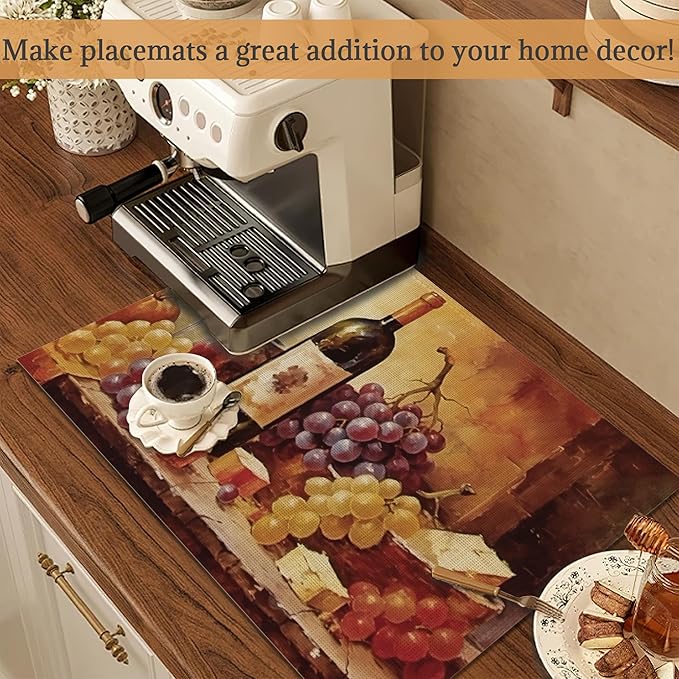 Placemats Set of 6,Retro Wine Bottles Glasses and Grapes Linen Place Mats,Modern Washable Table Placemats 12"x18" Heat Resistant Table Mats for Dining Kitchen Party Holiday Decoration