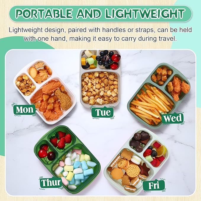 Honeydak 5 Pack Snack Containers 3 Compartment Bento Snack Boxes Divided Meal Prep Containers with Lids Reusable Adults Lunch Food Storage Box for School Work Travel(Sage Color)