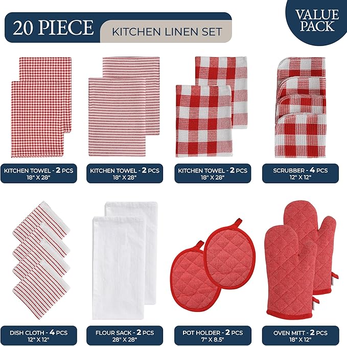 LANE LINEN Kitchen Towels Set - 6 Absorbent Hand Towels, 4 Dish Cloths, 4 Waffle Scrubbers, 2 Flour Sack Towels, 2 Potholders & 2 Oven Mitts - Red