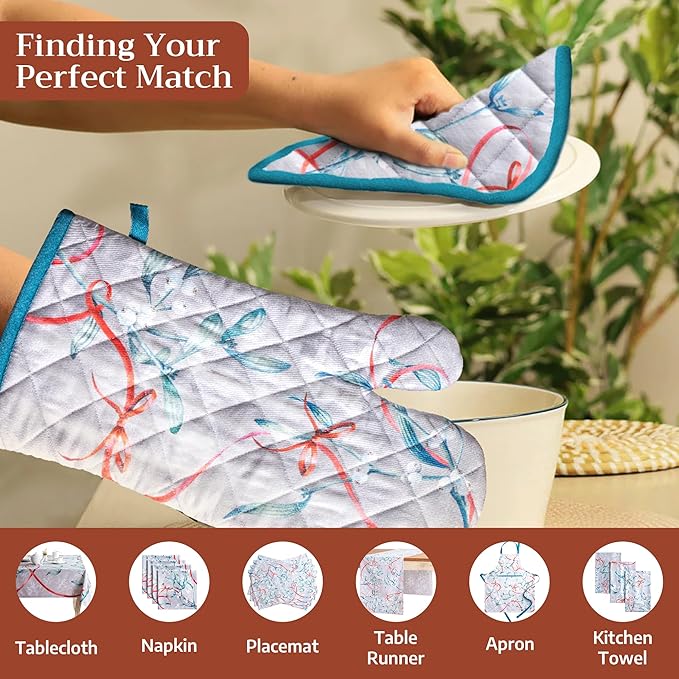 Maison d' Hermine 100% Cotton Oven Mitt & Pot Holder Set (7.5"x13" & 8"x8") Heat Resistant BBQ Cooking Gloves with Loop for Thanksgiving Christmas Decorations Handling Hot Pans (Enora)