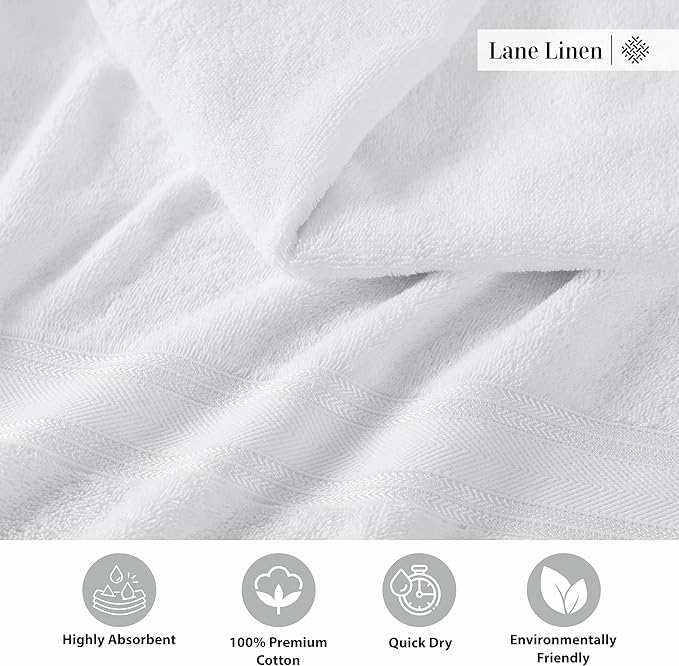 LANE LINEN Luxury Bath Towels Set - 3 Piece 100% Cotton Bathroom Towels, Quick Dry, Extra Aborbent, Super Soft Towels Set 1 Hand Towel, 1 Wash Cloths, 1 Bath Towel, White