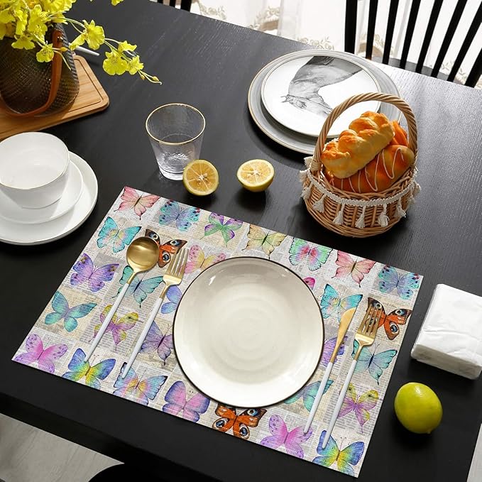 Watercolor Butterfly Placemats Set of 6, Washable Heat Resistant Table Mat Linen Place Mats for Party Kitchen Dining Home Decor 12x18 Inch