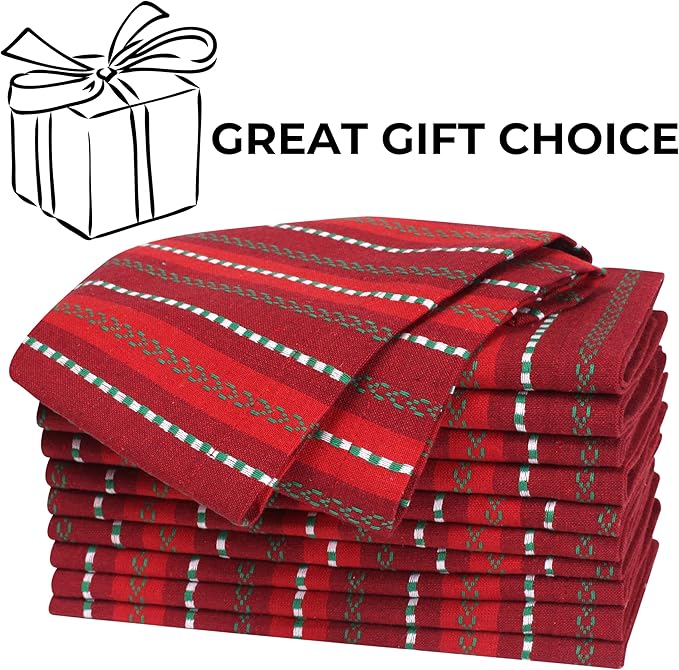 Bedding Craft Cotton Cloth Napkins Set of 12-18x18 Inch Machine Washable Dinner Napkins, Set of 12 Red Green Multi Salsa Stripe Napkins, Wedding Napkins, Cotton Cloth Napkins for Everyday Use