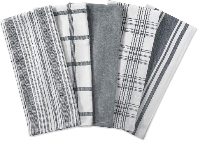 DII Assorted Woven, Kitchen Dishtowel Set, 18x28, Gray, 5 Piece