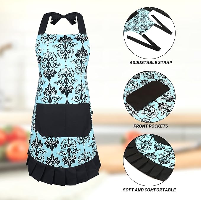 G2PLUS Cotton Vintage Damask Apron for Women, Adjustable Neck & Big Pocket, Blue & Black Cute Ruffle Kitchen & Baking Apron for Christmas Holiday Gift