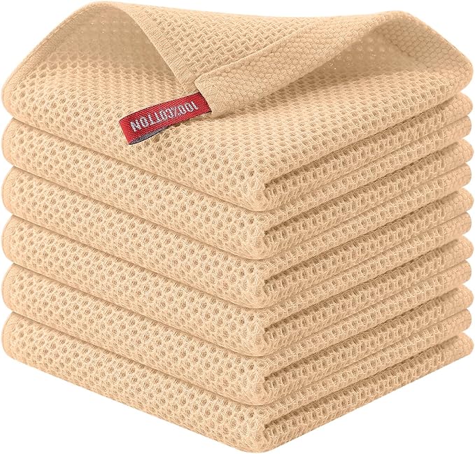 Kitinjoy 100% Cotton Kitchen Dish Cloths (12 X 12 Inches, Apricot), 6 Pack Waffle Weave Ultra Soft Absorbent Dish Towels for Drying Dishes Quick Drying Kitchen Towels Dish Rags