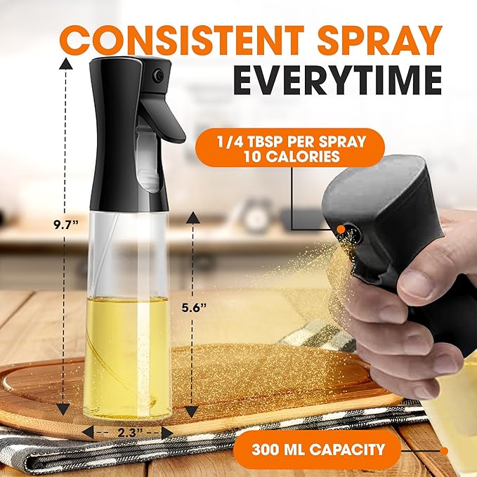 Cheer Collection Glass Oil Sprayer Set of 2 –300ml Olive Oil Sprayer Bottles for Cooking, Refillable Oil Mister & Dispenser, Black Olive Oil Spray Bottle for Food Prep