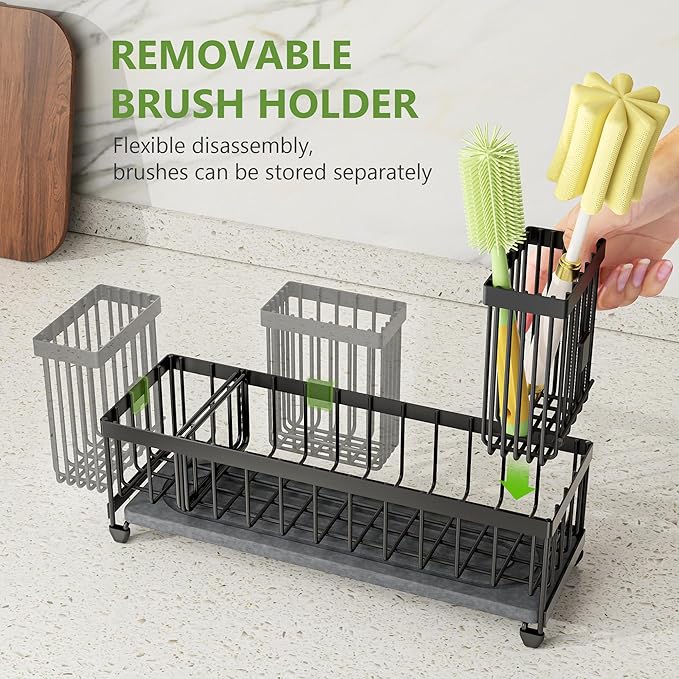 Cisily Extra Large Sink Caddy Organizer with Drying Stone, Black Sponge Holder for Kitchen, Dish Brush Holder for Countertop, Kitchen Decor Storage and Essentials