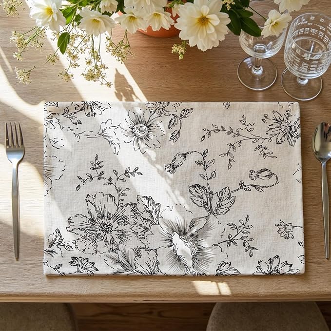 JINCHAN Floral Placemats Set of 4 Farmhouse Linen Placemats Cloth Table Mats Holiday Seasonal Rustic for Kitchen Dining Table Decor Heat Resistant Washable Tablemats 13x19 Inch Black