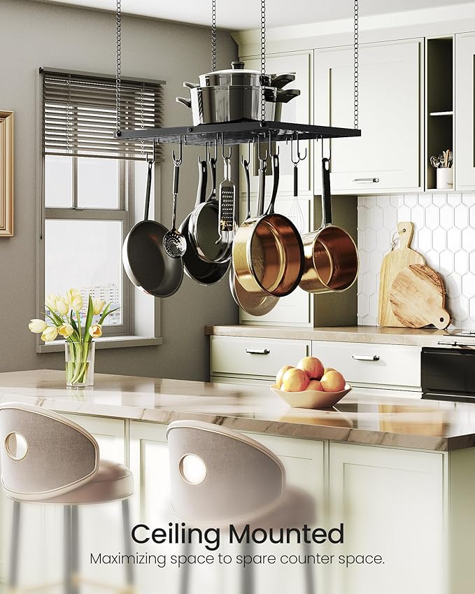 CHOEZON Hanging Pot Rack, Ceiling Mounted Pot Hanger for Kitchen, Metal Cookware Storage Organizer with 12 Hooks, for Storage of Cookware, Utensils in Kitchen, 23.7" L, Black TPR03BB