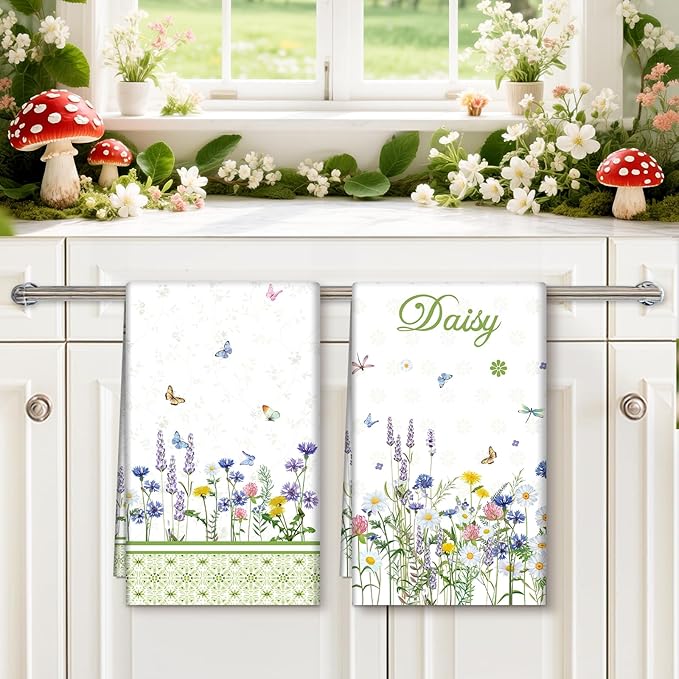 Wildflower Tea Towels, Cotton Kitchen Towel 18.9 × 27.5 inch, Quick Drying Dish Cloth for Party Anniversary Holiday Decoration, Housewarming Gifts for Mom