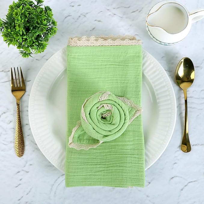 FINGERCRAFT Dinner Cloth Napkin Cotton Muslin Double Gauze 12 Pack with Classic Lace for Everyday Use, Wedding, Party, Christmas, Easter Napkins Cloth are Pre Shrunk and Good Absorbency Lettuce Green