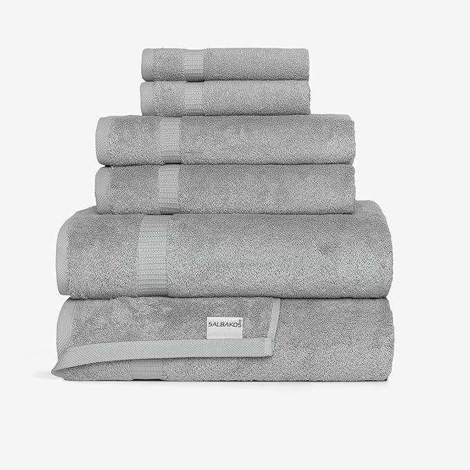 SALBAKOS 100% Turkish Cotton 6-Piece Towel Set | Premium Quality Hotel & Spa Collection | Soft, Super Absorbent 2 Washcloth, 2 Hand, 2 Bath Towel Sets | Made in Turkey (Silver, 6 Piece Towel Set)