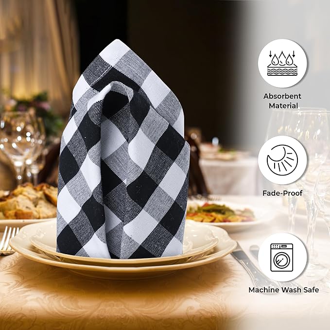 Urban Villa Cloth Napkins Set of 12 20x20 Inches 100% Cotton Napkins Cloth Washable Durable Reusable Absorbent Table Dinner Napkins Cloth for Hotel Lunch Restaurant Weddings Parties-Black white Checks