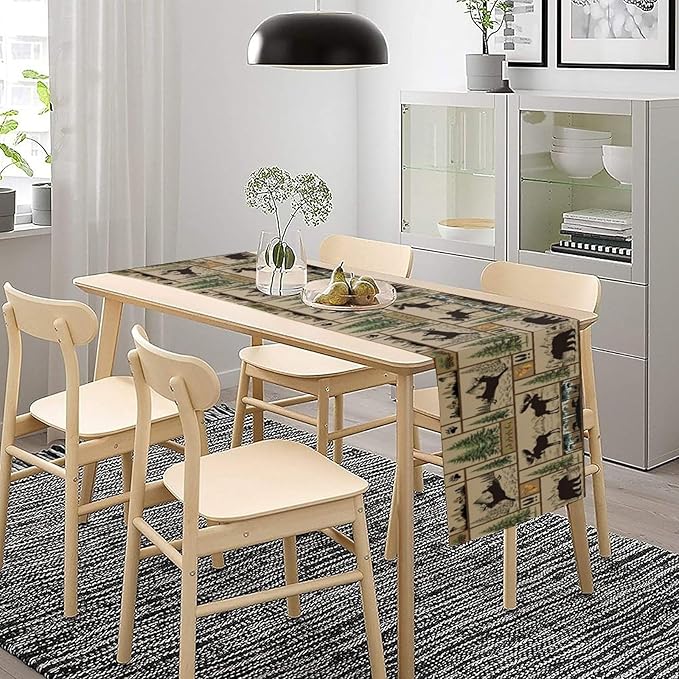 Rustic Cabin Table Runner Forest Bear Deer Wildlife Country Hunting Camping Art Printed Dinner Runner for Home Kitchen Dining Table Decor Fabric 1 Panel W13xL60in