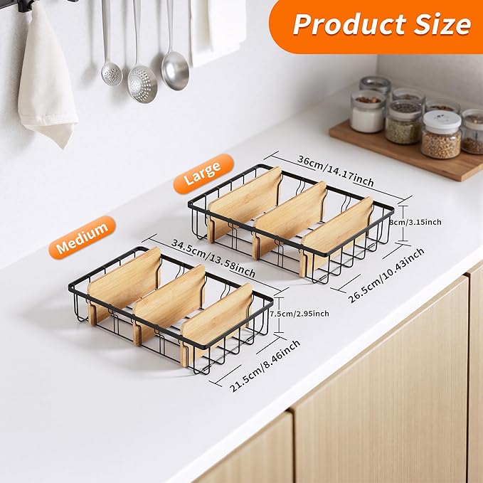 2-Pack Adjustable Lid Organizers - Large Kitchen Cabinet Organizer for Food Storage Container and Tumbler Cup Lids with 6 Bamboo Dividers -Organizers in Kitchen/Pantry/Laundry Room(Size:M+L)