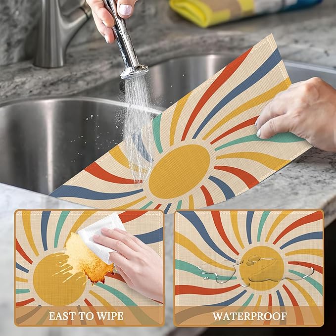 Vintage Sun Retro Swirl Placemats Set of 6 Place Mats for Kitchen Table Washable Farmhouse Linen Table Mats Dining Decoration 12x18 Inch