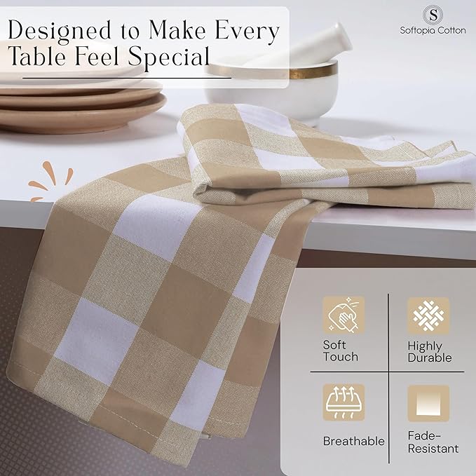 Buffalo Plaid Cloth Napkins, Set of 4, Soft, Durable, Wrinkle Free Fabric Napkins, Checked Napkins for Dinner, Wedding, Restaurant, Buffet, Party, Christmas - Beige, White (16"x16")